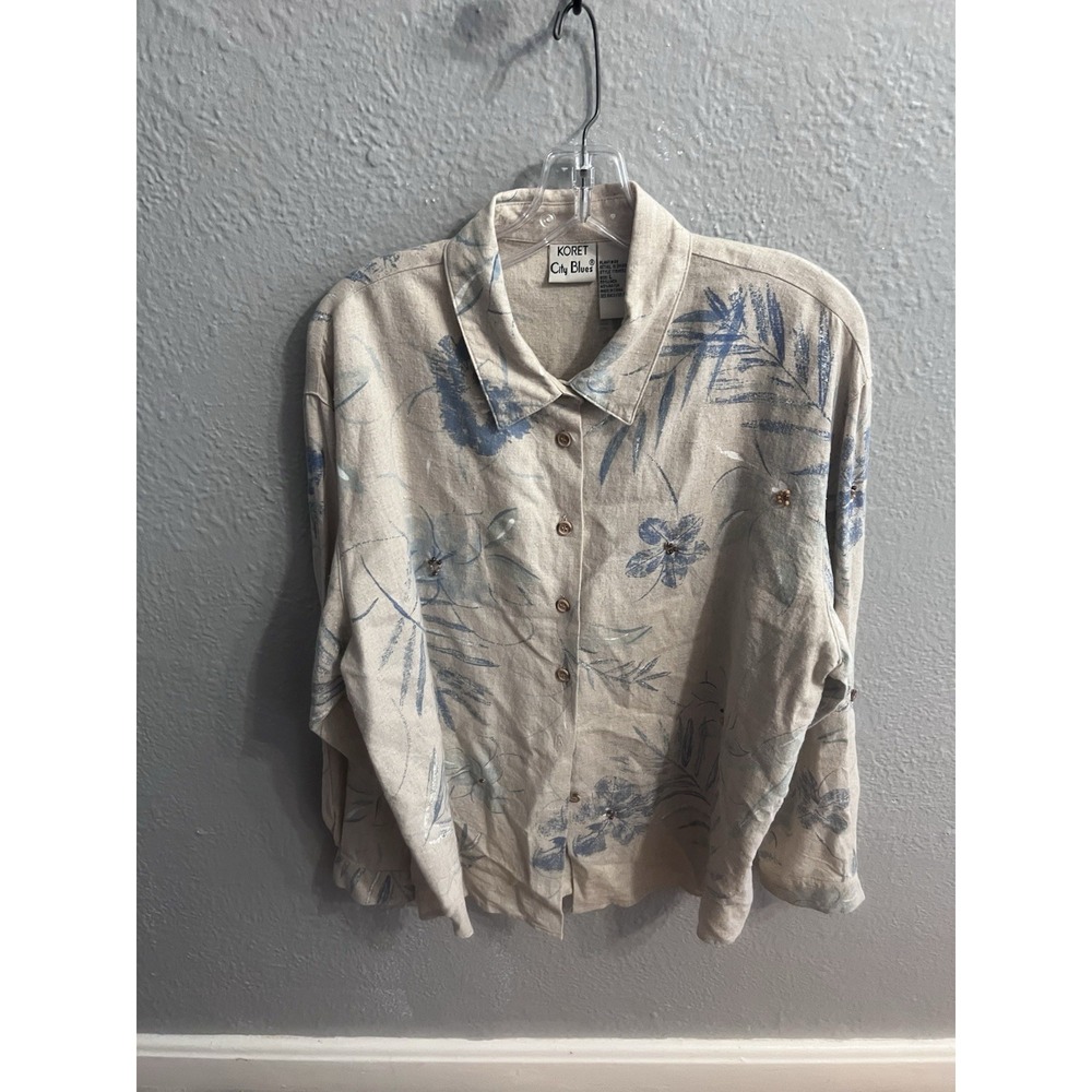Koret City Blues Beaded‎ Linen Blend Womens Size Large Tan Blue